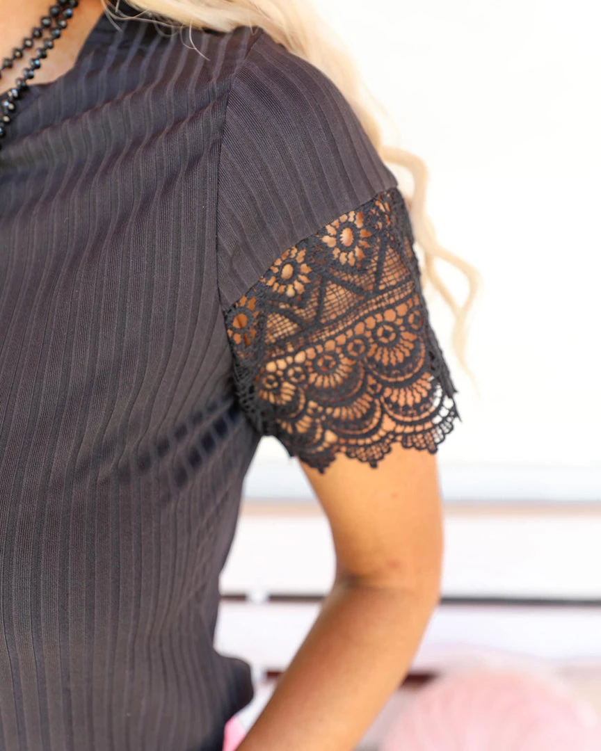 Crazy Train Fancy Choice Solid Black Crochet Sleeve Top