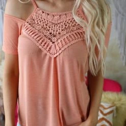 Bi Bi Apparel Peach Crochet Cold Shoulder Top