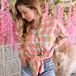 Davi & Dani Perfectly Pink And Yellow Plaid Button Up Shirt