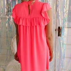 Jodiful New Nelda Neon Pink Ruffle Detail Dress