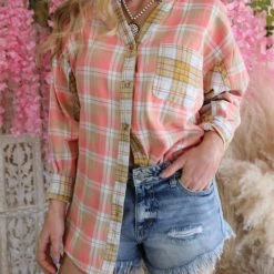 Davi & Dani Perfectly Pink And Yellow Plaid Button Up Shirt