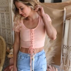 Heart + Hips Apparel Tropical Peach Lace Up Crop Top