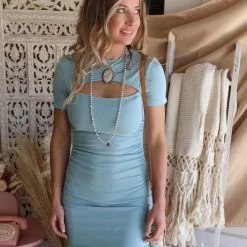 Main Strip Apparel Dusty Blue Side Ruched Bodycon Dress