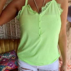 White Birch Neon Green Ribbed + Lace Trim Tank Top Apparel