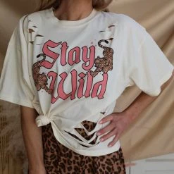 Mine B "Stay Wild" Tiger Distressed Crop Top