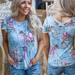 Lovely Melody Belen Blue Floral + Criss Cross Back Top